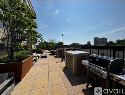 A patio with a grill and a table surrounded by trees.