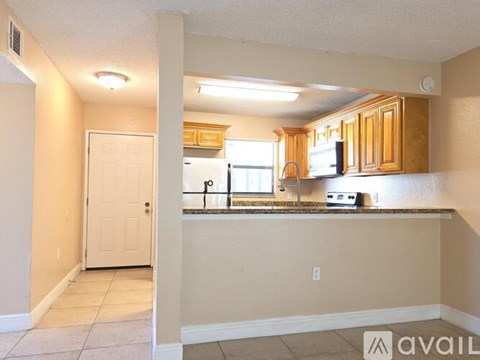 A kitchen area with wooden cabinets and a countertop.