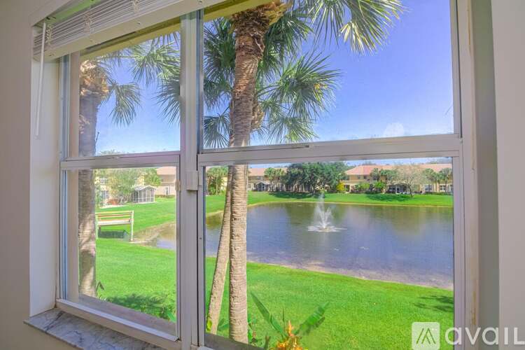 A window overlooks a pond and palm trees.