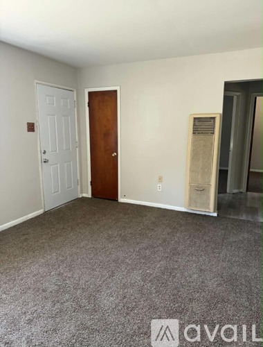 A room with a carpeted floor, a white door, a brown door, and a white wall.