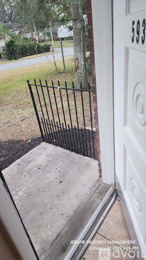 A black metal gate is in front of a white door with the number 593 on it.