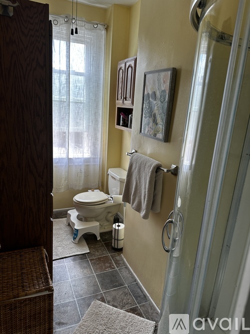 A bathroom with a toilet, a towel, and a picture on the wall.
