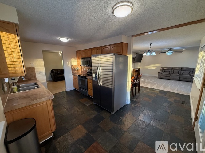 A kitchen with a black fridge and a black trash bin.