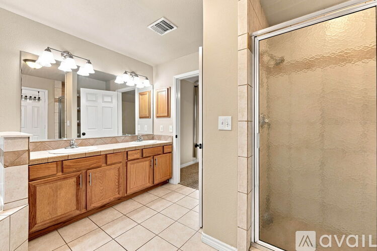 A bathroom with a vanity, mirror, and a walk-in shower.