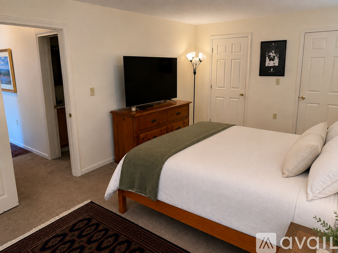 A bedroom with a bed, dresser, and a television.