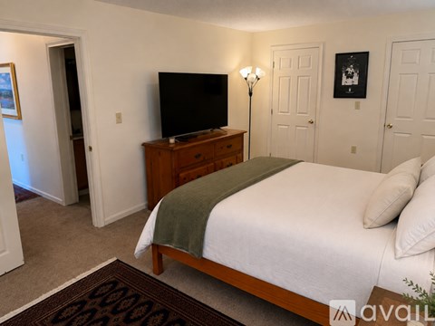 A bedroom with a bed, dresser, and a television.