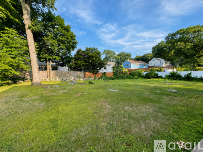 A grassy field with trees and a fence in the background.