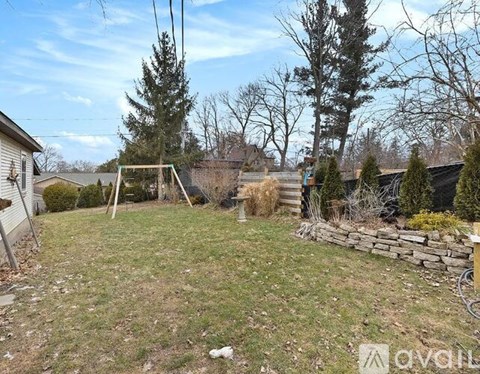 A backyard with a wooden fence and a small tree.