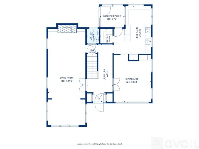 A floor plan of a house with a living room, dining area, and a serenaded porch.