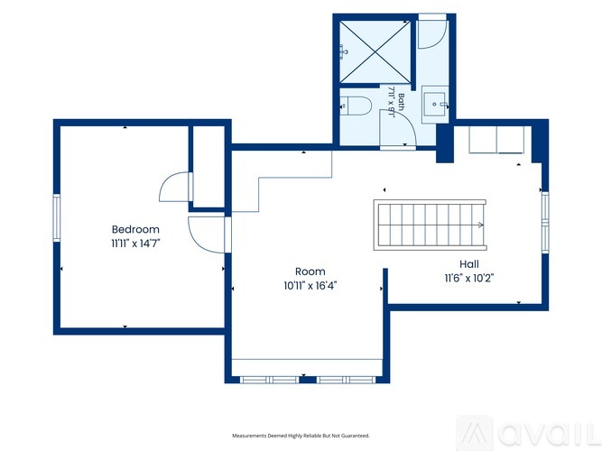 A blueprint of a house layout with a bedroom, hall, and two rooms labeled as "Room".
