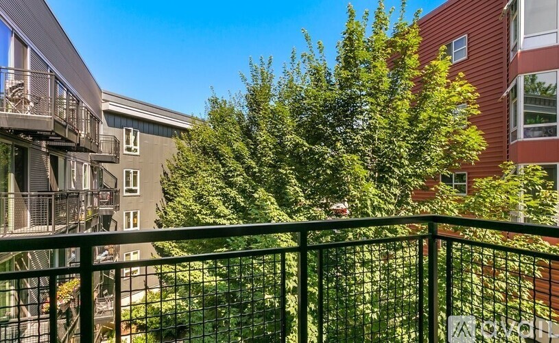 A balcony with a black railing overlooks a green tree and apartment buildings.