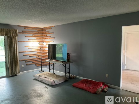 A living room with a television and a mattress on the floor.
