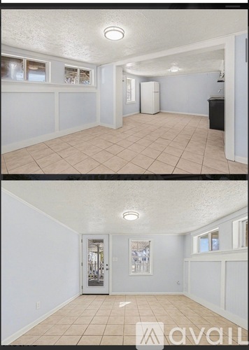Two images of a room with white walls and tiled floors.