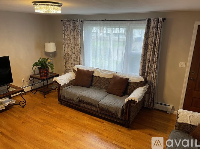 A living room with a sofa, a television, and a potted plant.