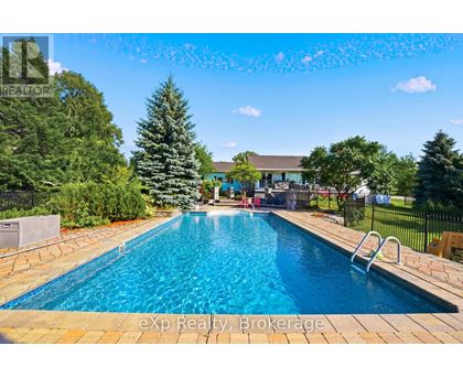 A pool surrounded by trees and a house in the background.