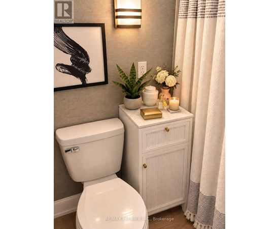 A white toilet sits next to a white cabinet with a plant on top.