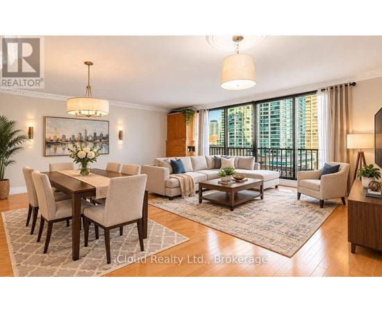 A well-lit living room with a dining table and chairs.