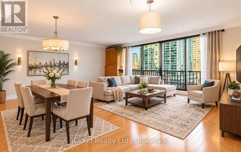 A well-lit living room with a dining table and chairs.
