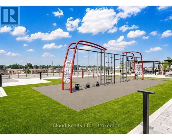 A playground with a red swing set and a slide.