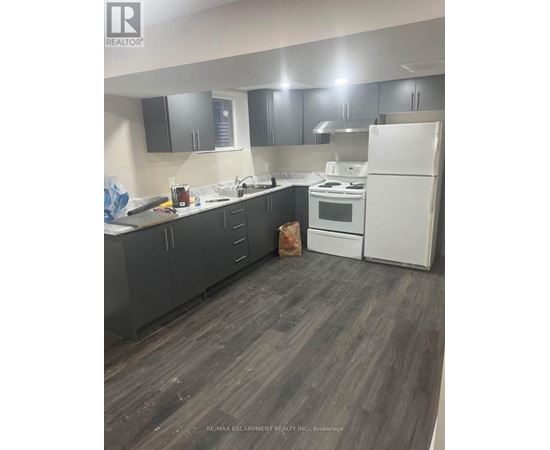 A kitchen with a white fridge and black cabinets.