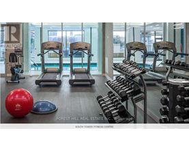 A gym with a red ball, a blue ball, and a rack of dumbbells.