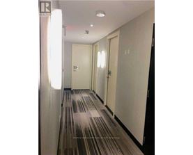 A hallway with striped carpeting and white walls.