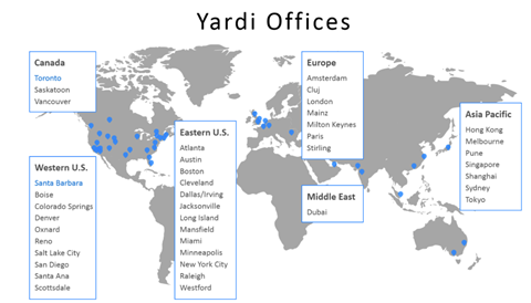 A map showing the global distribution of Yardi Offices in various cities across Canada, Western U.S., Eastern U.S., Europe, Middle East, and Asia Pacific.
