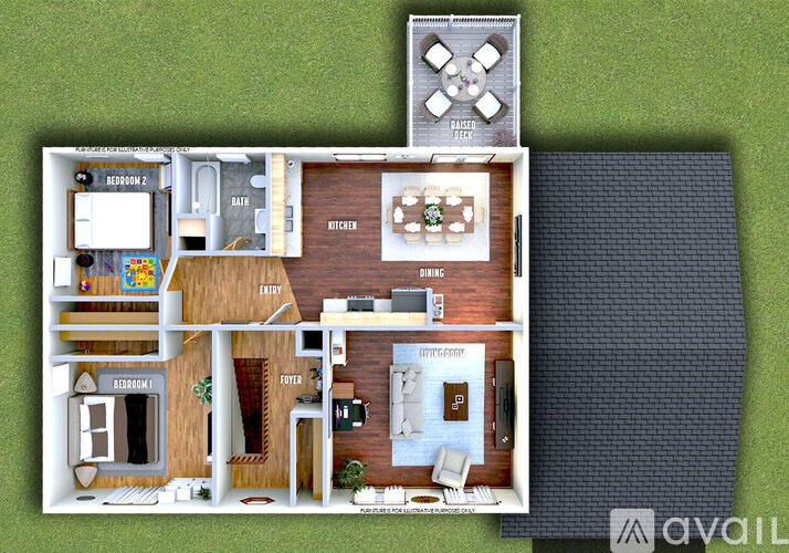 A 3D rendered image of a house layout with a kitchen, living room, and two bedrooms.