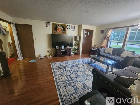 A living room with a black couch and a blue patterned rug.