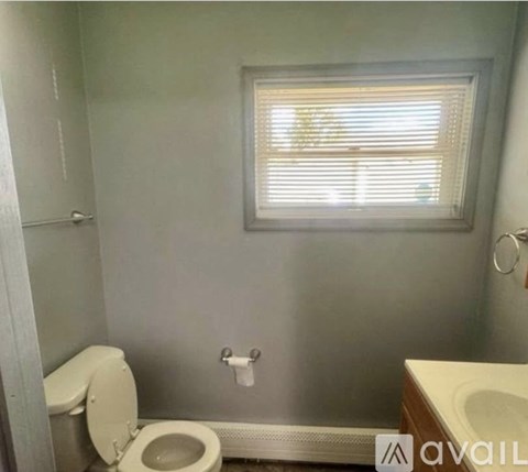 A bathroom with a toilet, sink, and window.