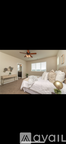 A bedroom with a bed, a bench, and a ceiling fan.