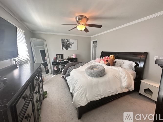 A bedroom with a bed, dresser, and a ceiling fan.