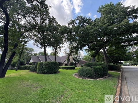 A tree-lined street with a house and a lawn.