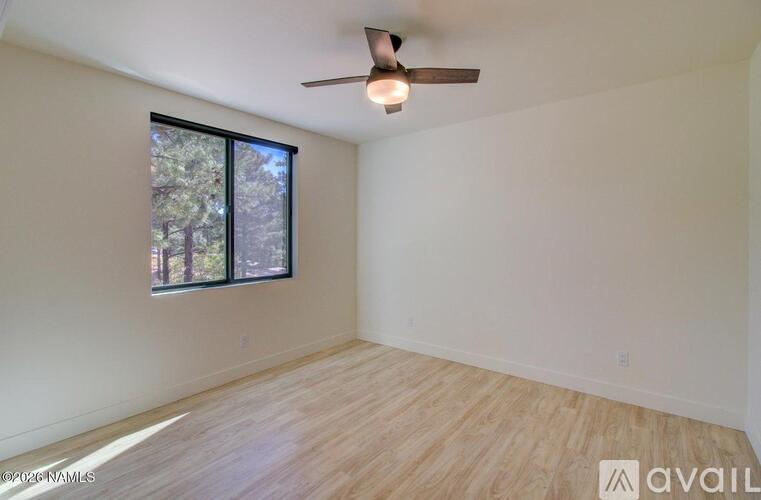 A room with a ceiling fan and a window overlooking trees.