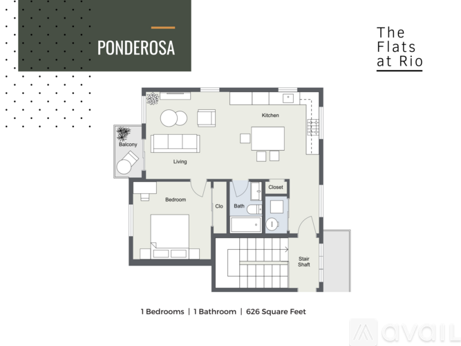 A floor plan of a one bedroom apartment at The Flats at Rio.