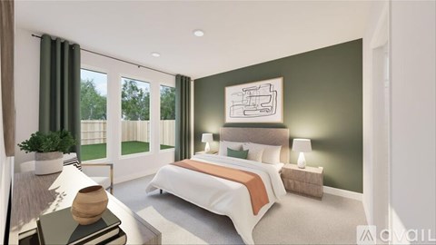 A modern bedroom with a large bed and a window with green curtains.