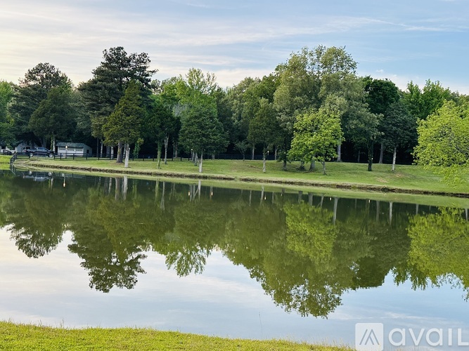 A serene lake surrounded by lush green trees under a clear sky.