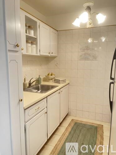 A kitchen with white cabinets and a green rug on the floor.