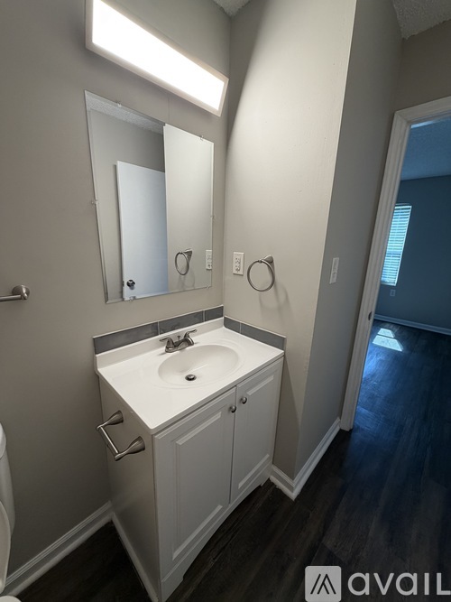 A bathroom with a sink and mirror.