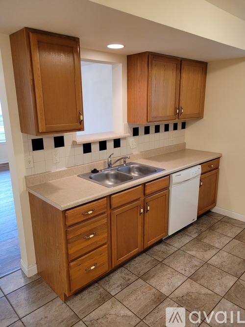 A kitchen with wooden cabinets and a white dishwasher.