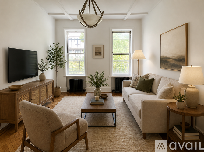 A living room with a television, a couch, a chair, a coffee table, and a plant.