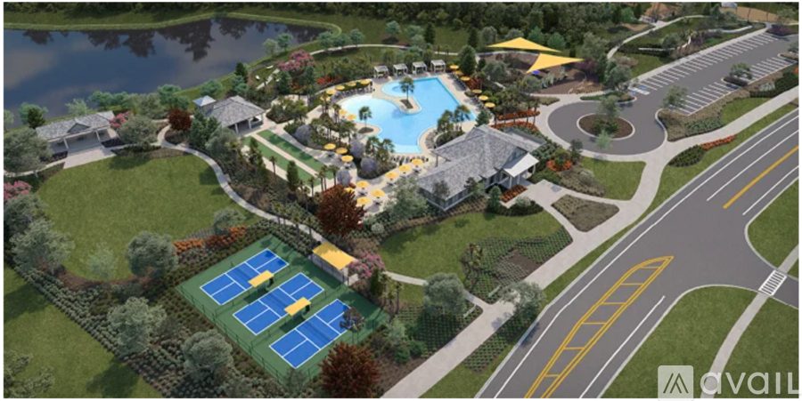 A rendering of a resort with a pool, tennis courts, and a waterfall.