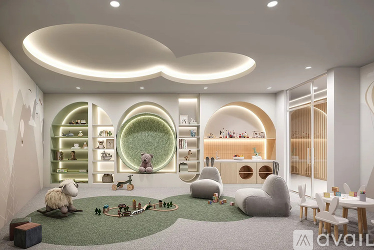 A modern children's playroom with a sheep toy and a green carpet.