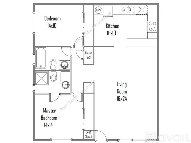 A floor plan of a home with a living room, kitchen, and two bedrooms.
