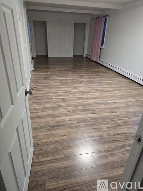 A room with wooden flooring and a white door.