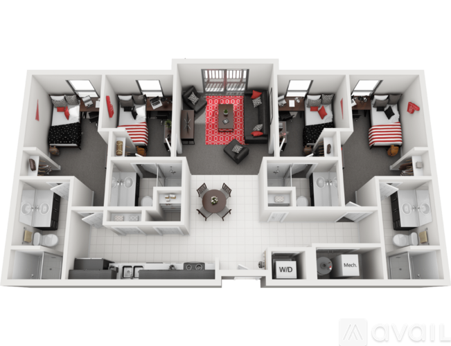 A 3D image of a house layout with a central living area and rooms surrounding it.