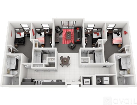 A 3D image of a house layout with a central living area and rooms surrounding it.