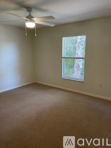 A room with a carpeted floor, a ceiling fan, and a window showing trees outside.