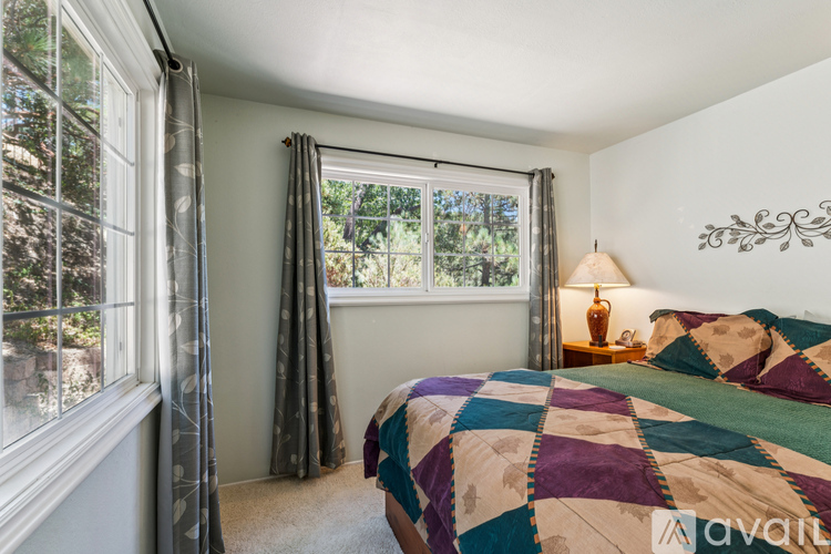 A bedroom with a bed, a window with curtains, and a lamp on a bedside table.