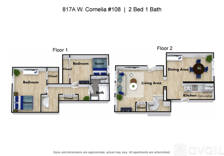 A floor plan of a 2 bedroom apartment with 1 bath.